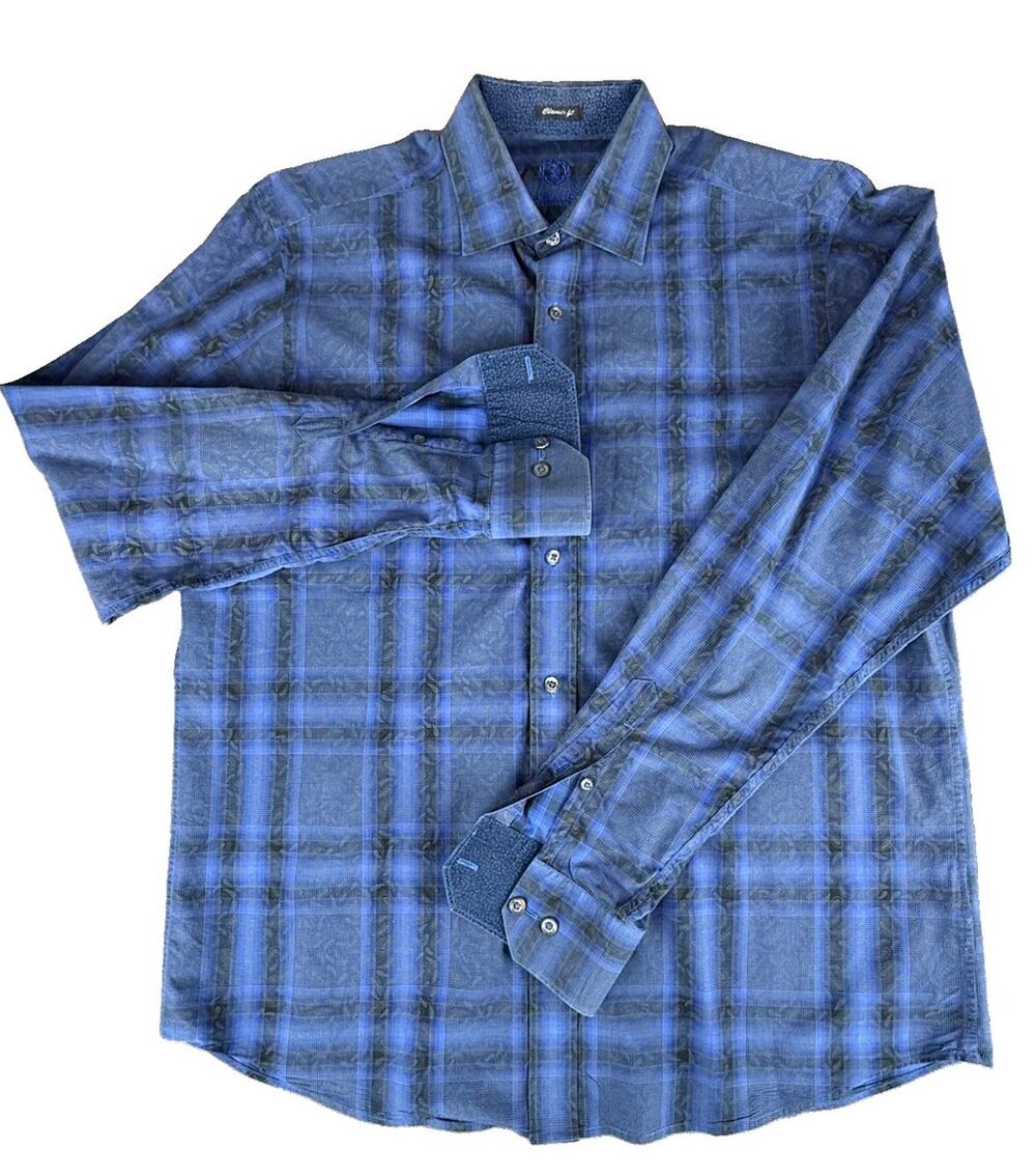 Bugatchi Uomo Blue Plaid Paisley Long Sleeve Shirt Classic Fit Estimated L/XL